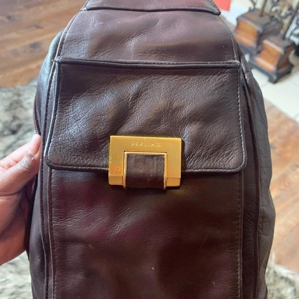 Perlina Sling Backpack Women OS Dark‎ Brown Good Leather Teardrop Gold purse